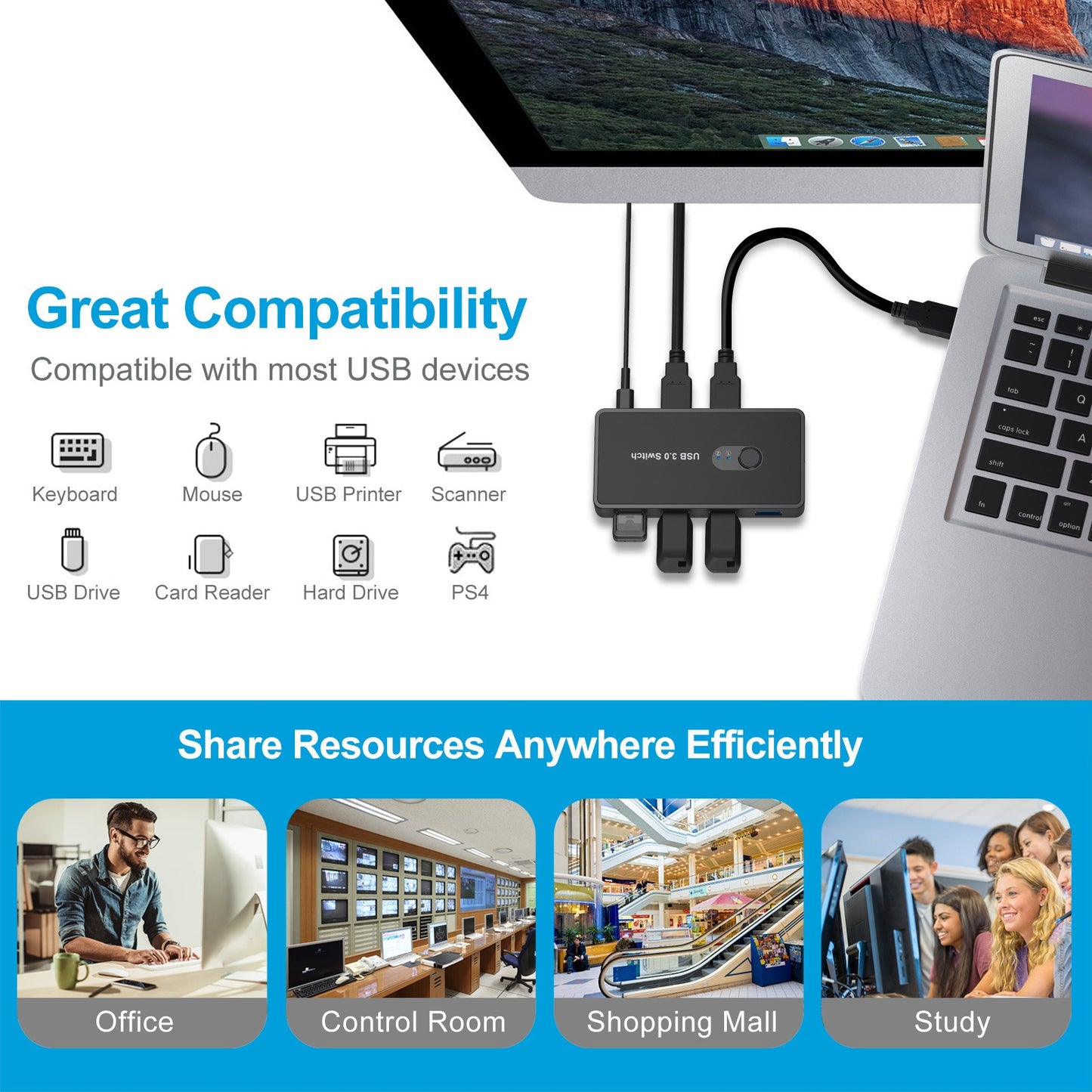 Gizmava AT06 – USB 3.0 Switch Hub met 4 Poorten voor 2 Computers
