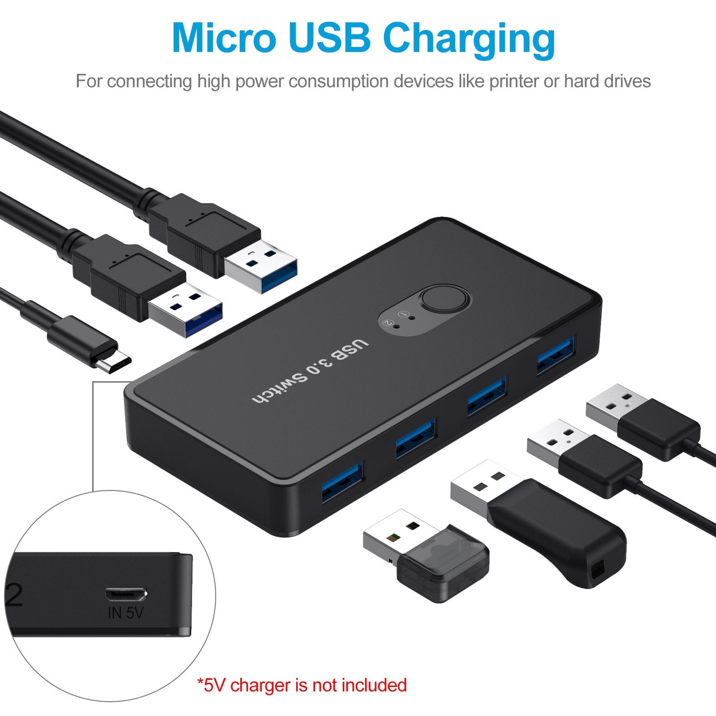 Gizmava AT06 – USB 3.0 Switch Hub met 4 Poorten voor 2 Computers