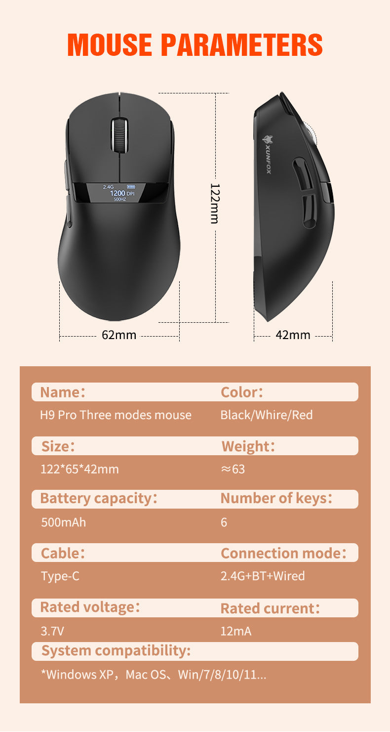 Gizmava Hyun Silver Fox H9PRO – Lichtgewicht Tri-Mode Gaming Muis met Display