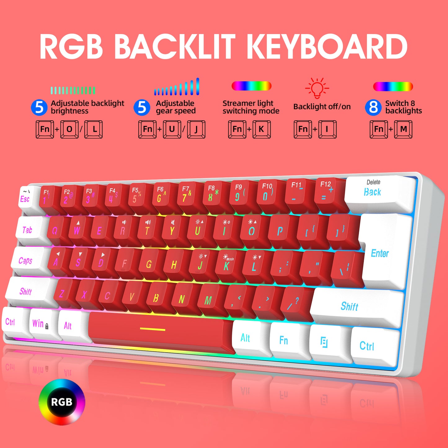Gizmava V700 – 61-Toetsen Mini RGB Toetsenbord met Dubbelkleurige Keycaps