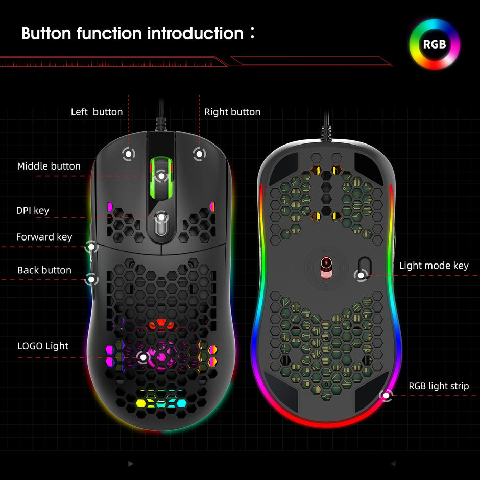Hollow Hole RGB Gaming Mouse – Lichtgewicht & Stijlvol