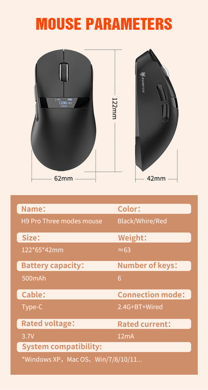 Gizmava Hyun Silver Fox H9PRO – Lichtgewicht Tri-Mode Gaming Muis met Display