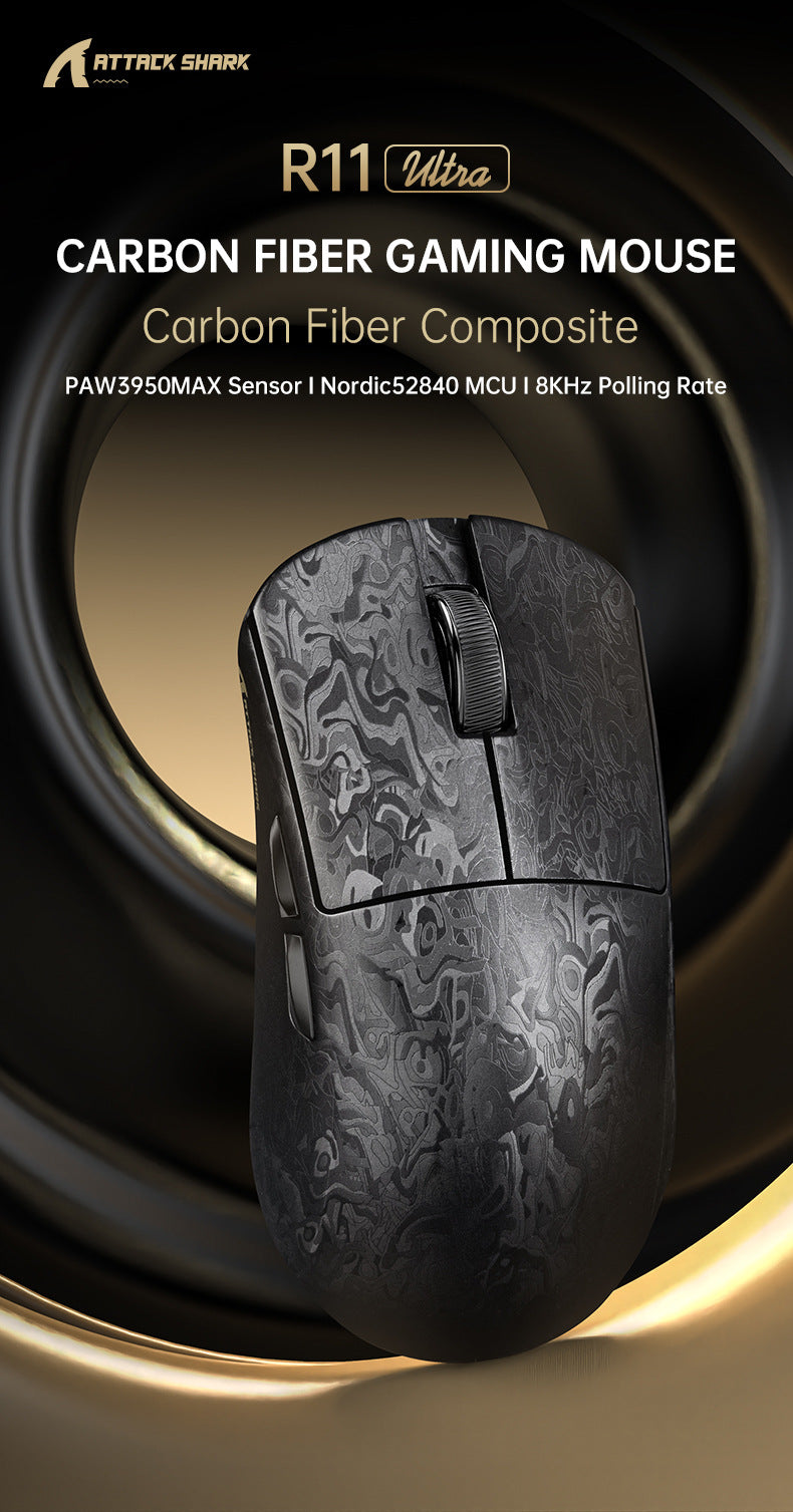 Gizmava Attack Shark R11 Ultra – Lichtgewicht Carbon Fiber Draadloze Gaming Muis (Tri-Mode, PAW3950, 8K Polling Rate)