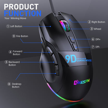 Gizmava Full-Speed X9 – Bedrade RGB Gaming Muis met 9 Programmeerbare Knoppen