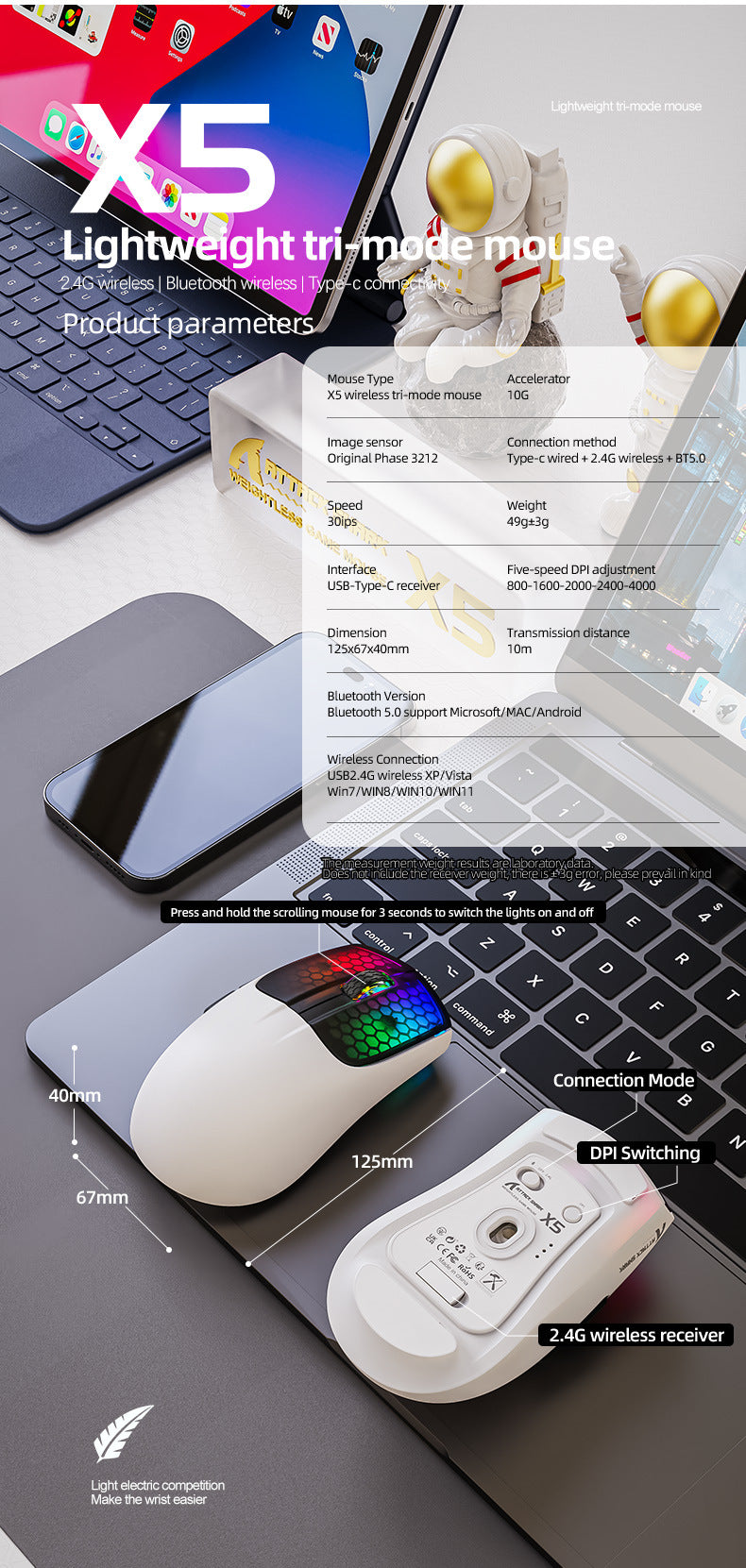 Gizmava Attack Shark X5 RGB – Lichtgewicht Draadloze Gaming Muis (Tri-Mode Bluetooth)